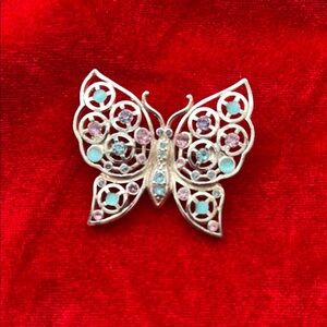 Vintage-Elegant Silver Butterfly Brooch with Pink, Blue & Purple Accents